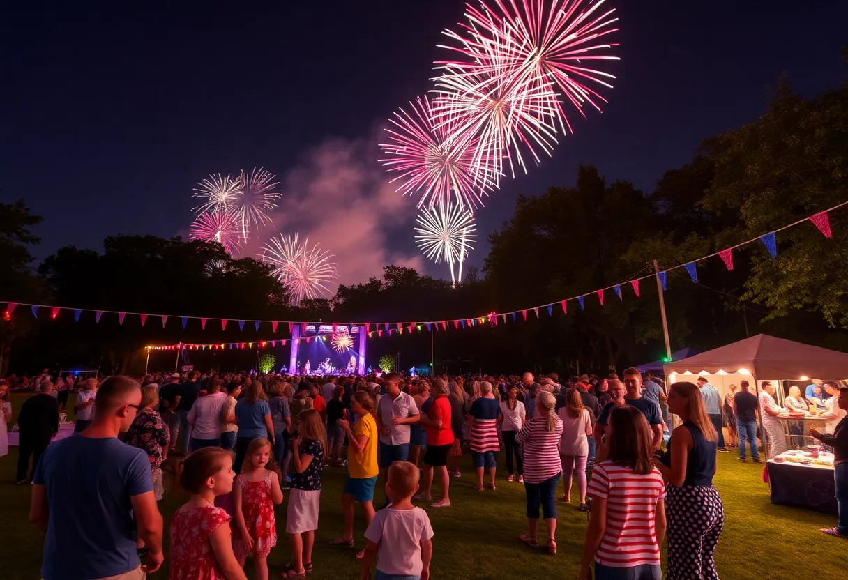 Families celebrating July 4th in Houston with fireworks and festivities.
