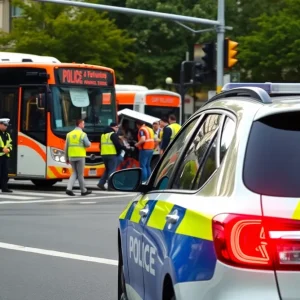 Scene of a traffic accident involving a police vehicle and a bus