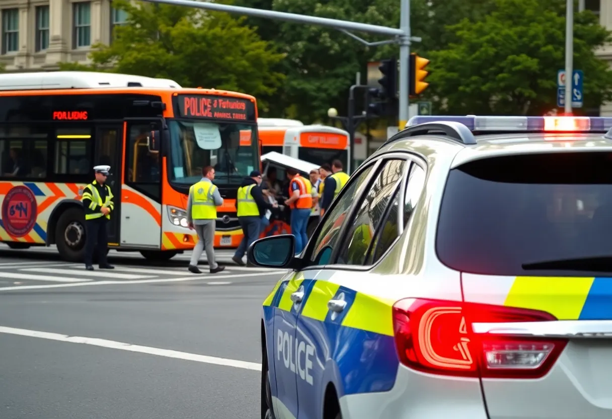 Scene of a traffic accident involving a police vehicle and a bus
