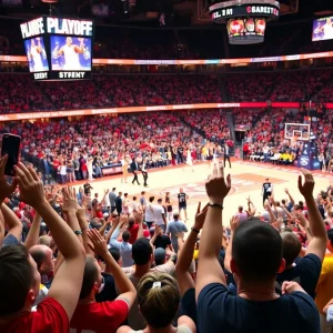 Fans cheering in the Toyota Center during NBA playoff