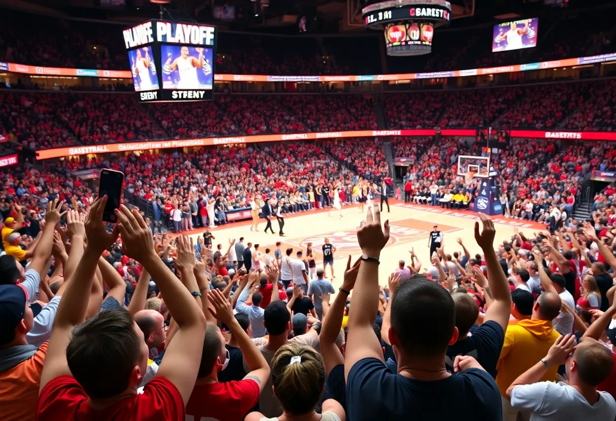 Fans cheering in the Toyota Center during NBA playoff