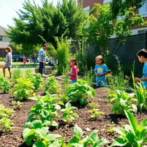Students planting in a sustainable school garden in Houston, TX
