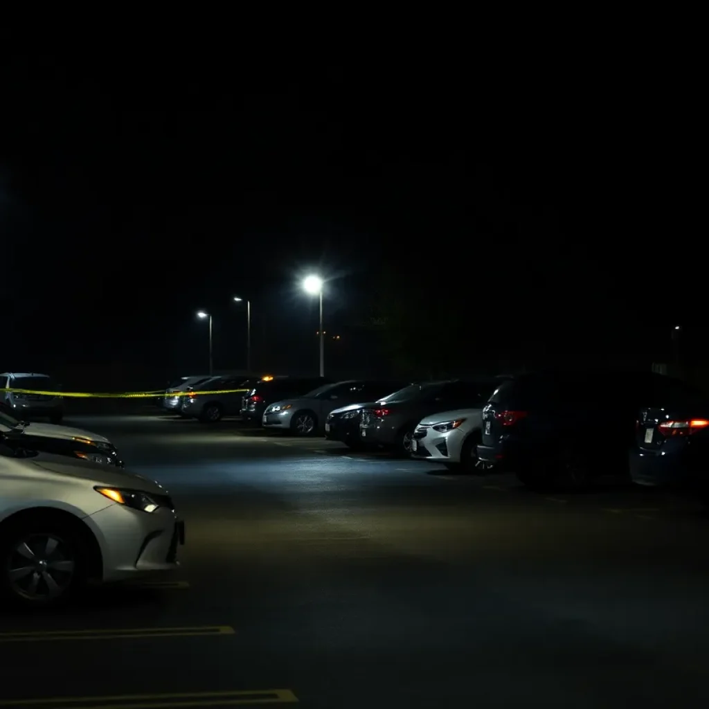 Police lights illuminate a parking lot scene in Houston at night