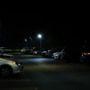 Police lights illuminate a parking lot scene in Houston at night