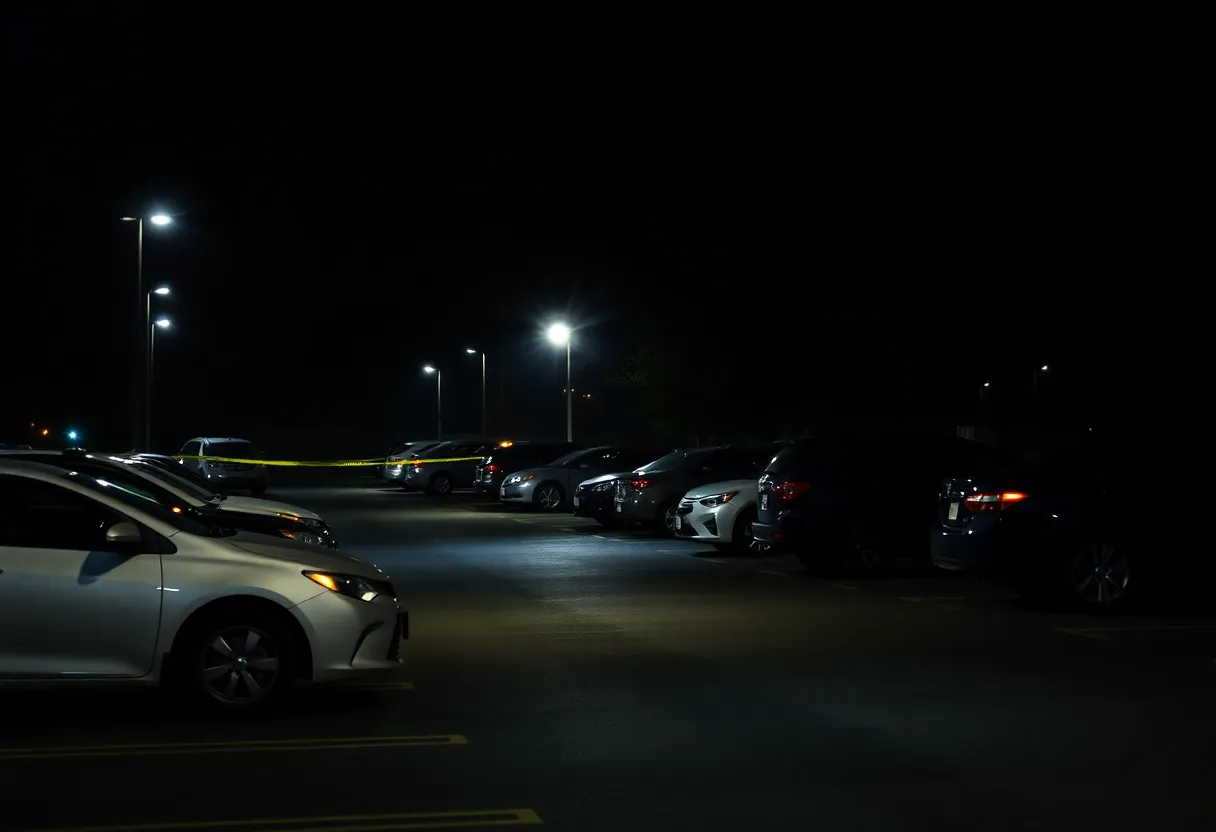 Police lights illuminate a parking lot scene in Houston at night