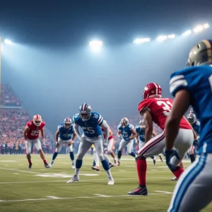 Football players discussing strategy on the field during a game