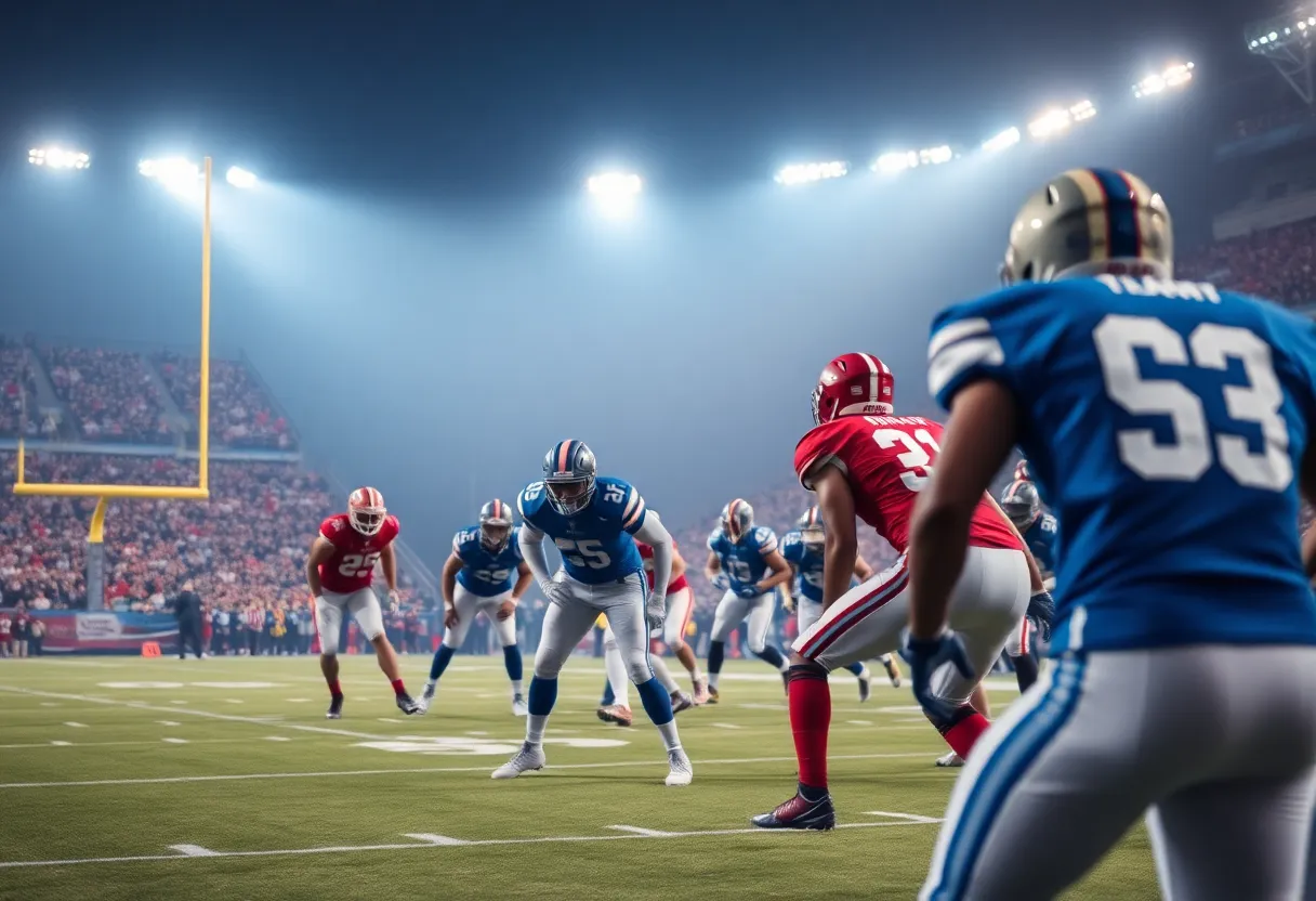Football players discussing strategy on the field during a game