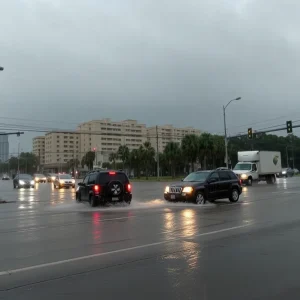 Traffic on a flooded street during Houston thunderstorms
