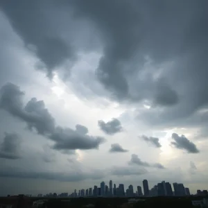 Dark clouds over Houston indicating tropical weather
