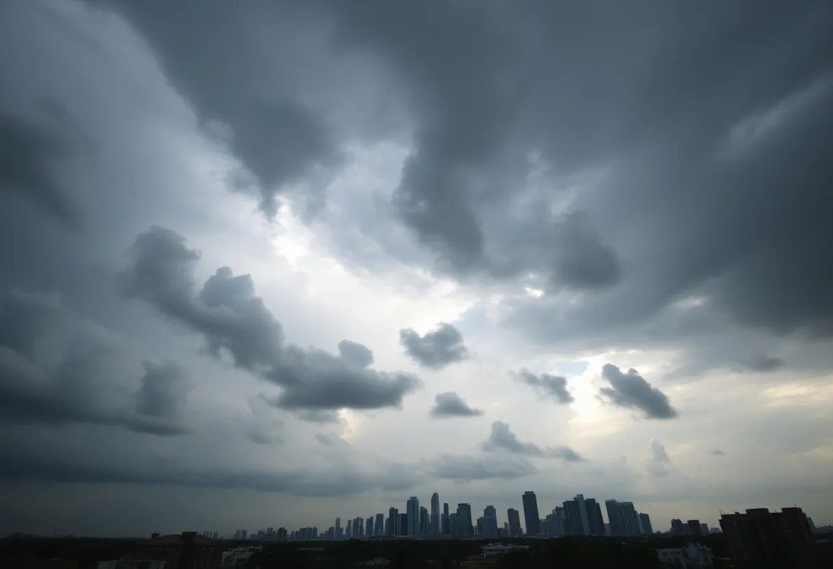 Dark clouds over Houston indicating tropical weather