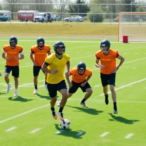 Houston Texans players training on the field