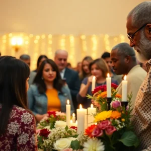 People gathered at a memorial service, honoring a beloved community nurse.