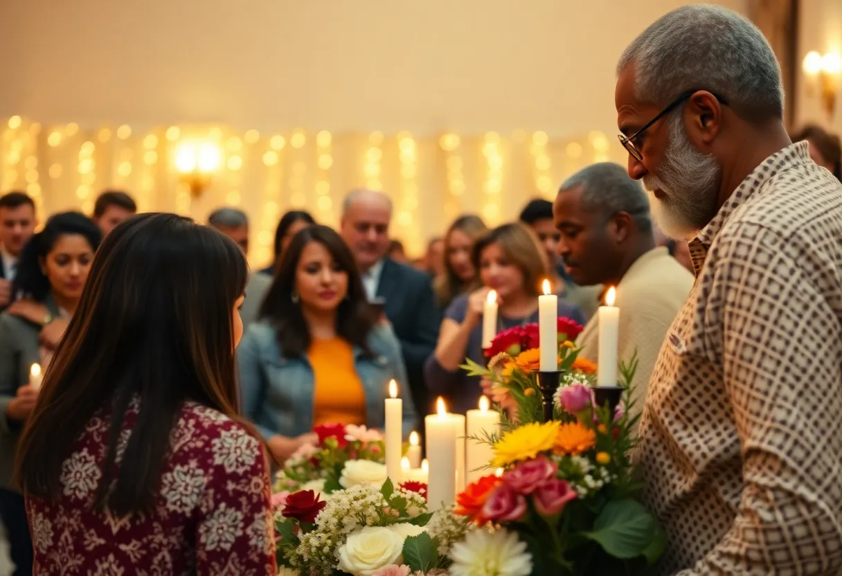 People gathered at a memorial service, honoring a beloved community nurse.