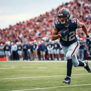 Running back in action on a football field