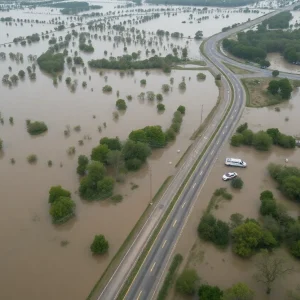 Aerial view showing extensive flooding in Kerr County with rescue teams at work.
