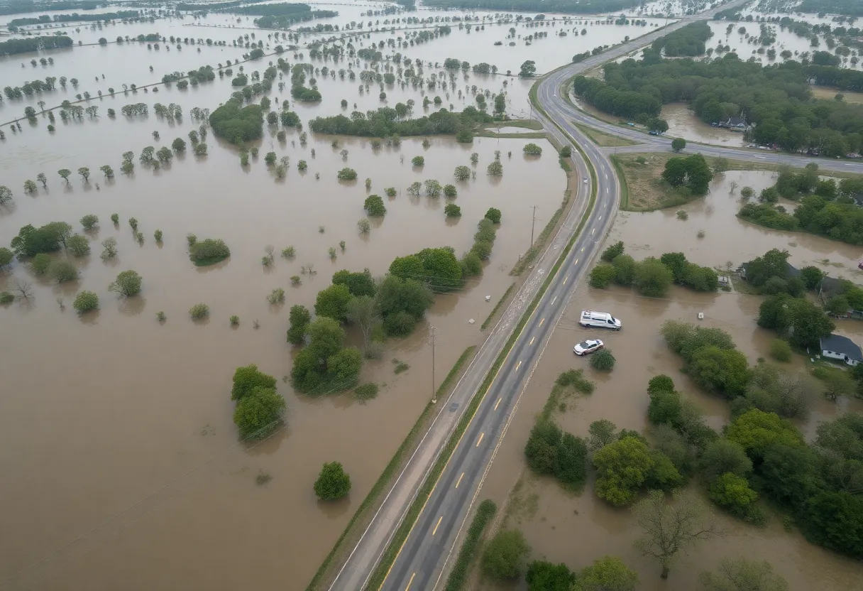 Aerial view showing extensive flooding in Kerr County with rescue teams at work.