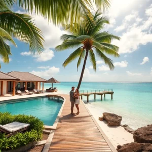 Elegant tropical resort with beachfront villas and turquoise waters.