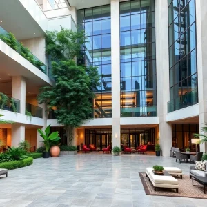 Luxury hotel exterior showcasing contemporary design and lush greenery.