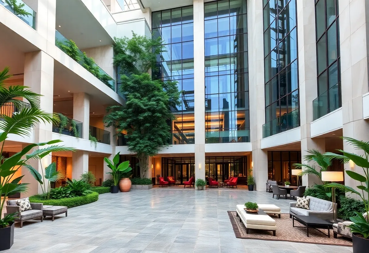 Luxury hotel exterior showcasing contemporary design and lush greenery.