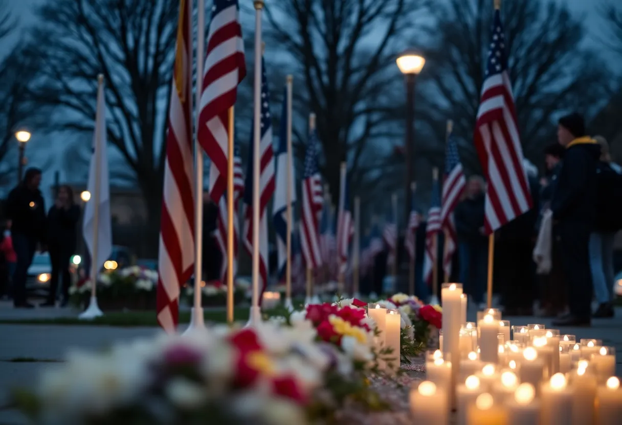 Memorial flowers and police presence at the site of the Midtown Manhattan office shooting.
