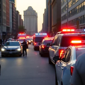 Police vehicles and onlookers at the scene of a shooting in Midtown Manhattan