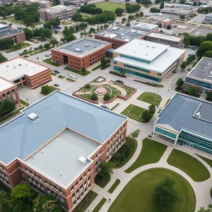 Aerial view of Houston's private high schools with greenery and modern buildings.