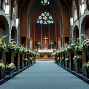 A peaceful church scene with flowers in remembrance of Ralph Abercia.