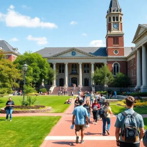 A scenic view of Rice University campus with students studying.
