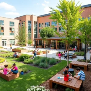 Students enjoying a transformed outdoor school space in Houston, with gardens and seating areas