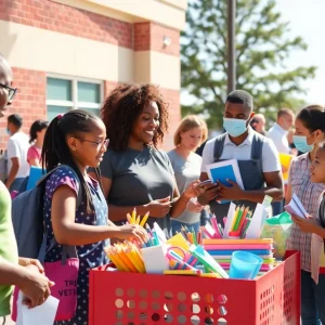 Community members donating school supplies at a local event