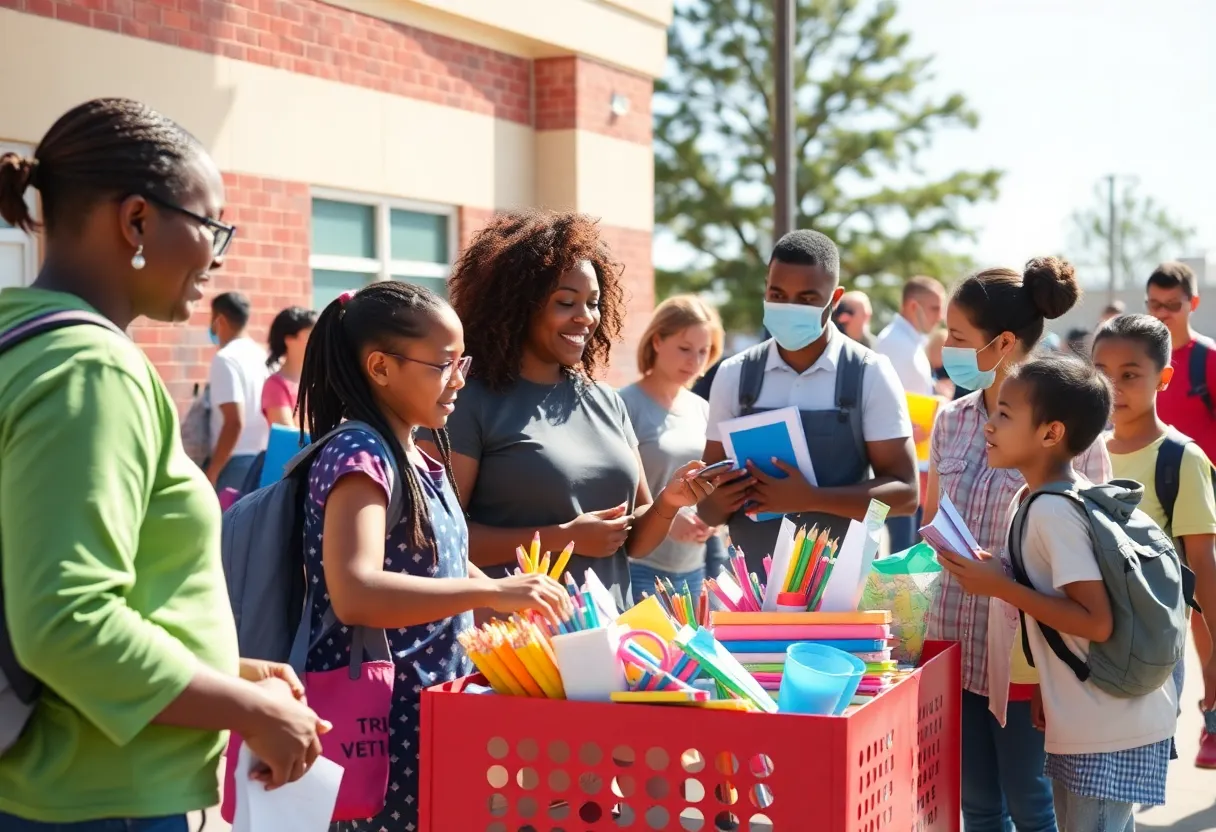 Community members donating school supplies at a local drive.