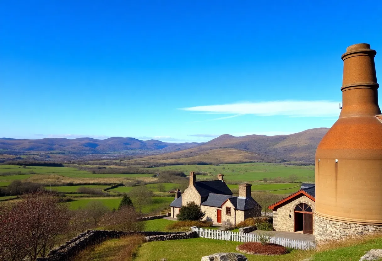 Scenic view of a whisky distillery in the Scottish countryside