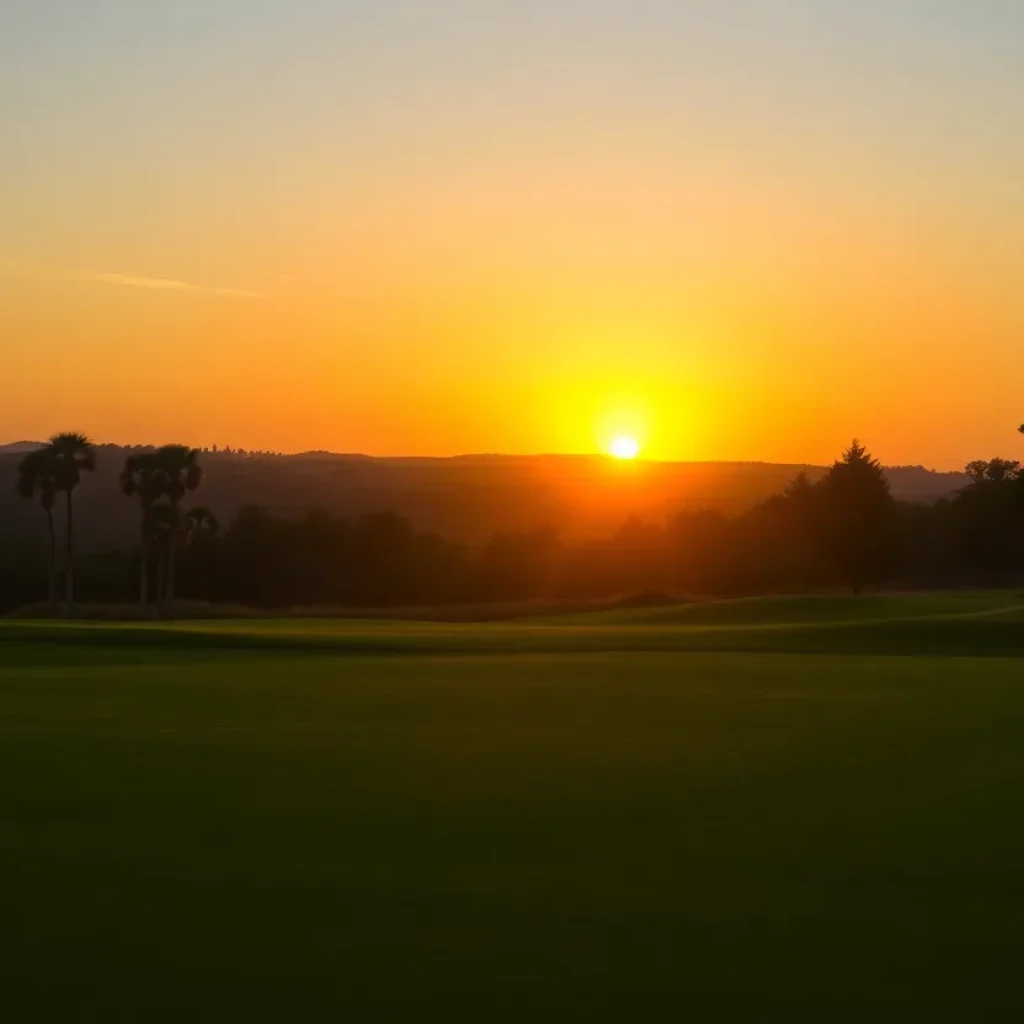 Sunset over a golf course representing remembrance and peace