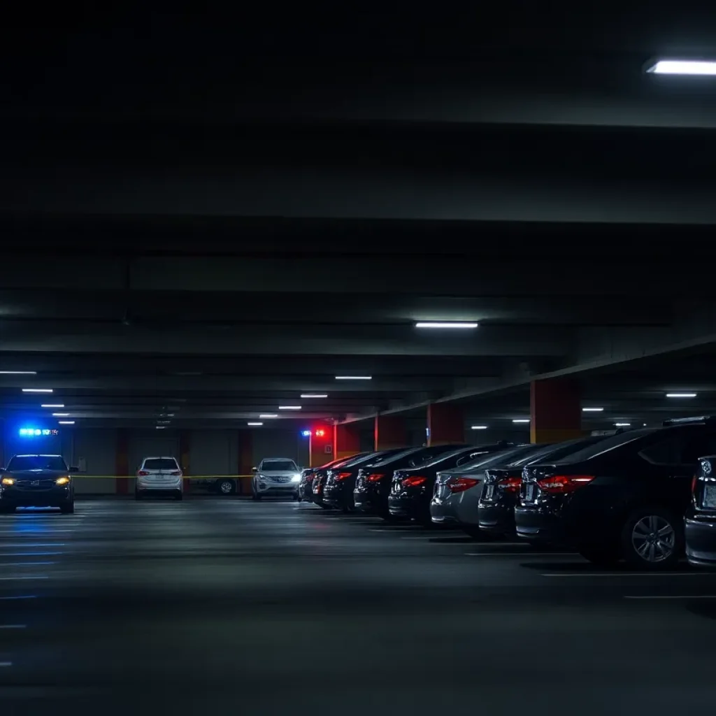 Police lights at a parking garage where a shooting occurred