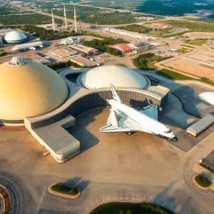 Aerial image of Houston showcasing NASA's Johnson Space Center with Space Shuttle Discovery.