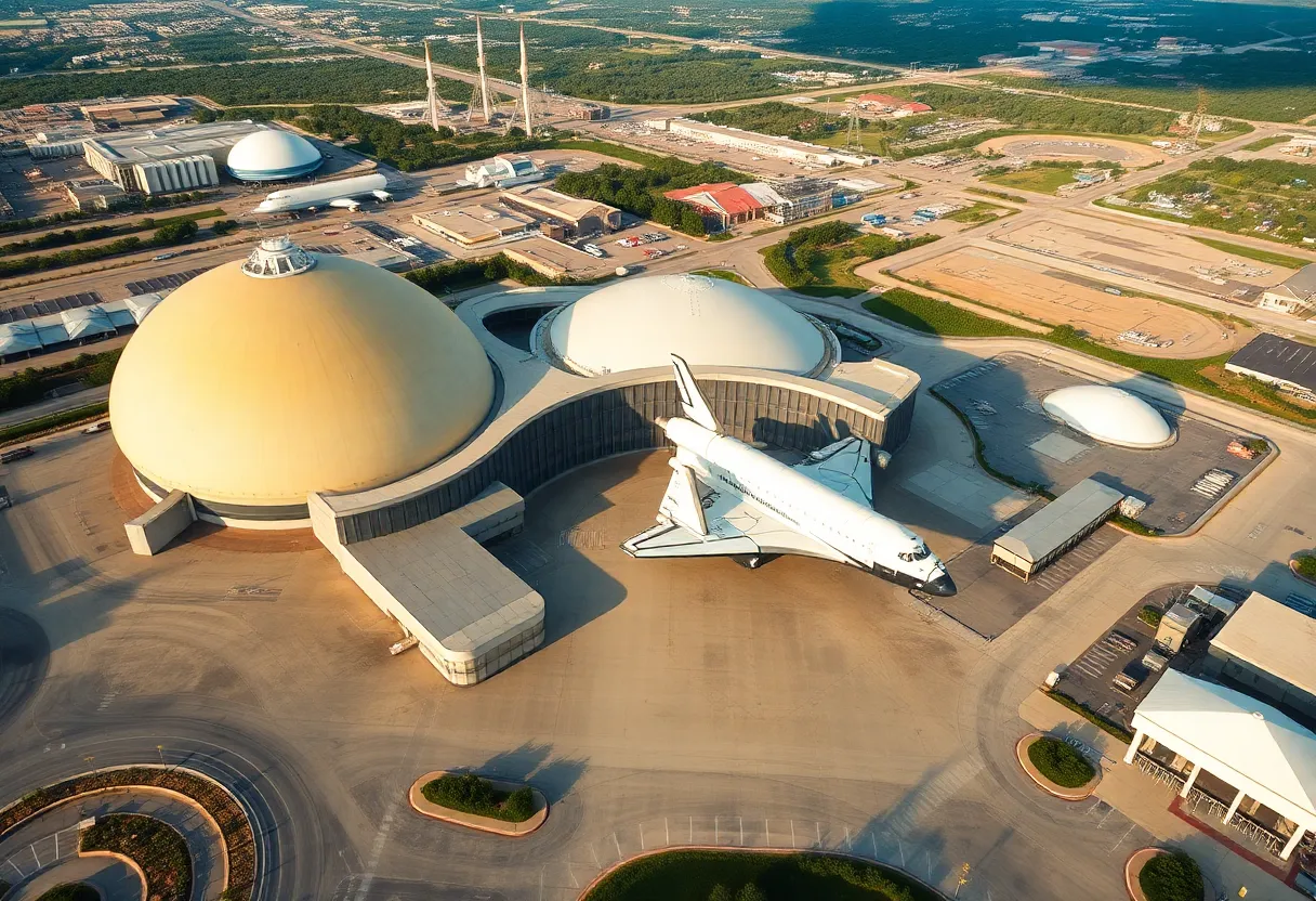 Aerial image of Houston showcasing NASA's Johnson Space Center with Space Shuttle Discovery.