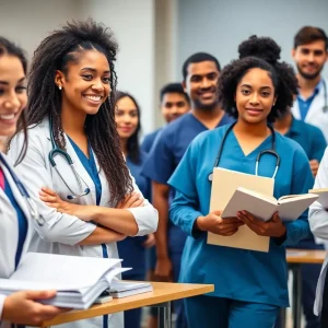 Medical students engaged in learning in a classroom setting