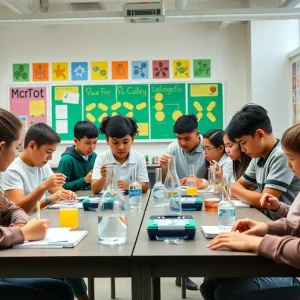 Diverse students collaborating on a biology project in a classroom