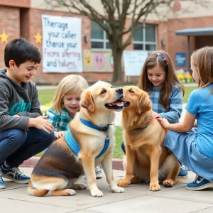 Students hugging therapy dogs in a school environment, with supportive decorations around.