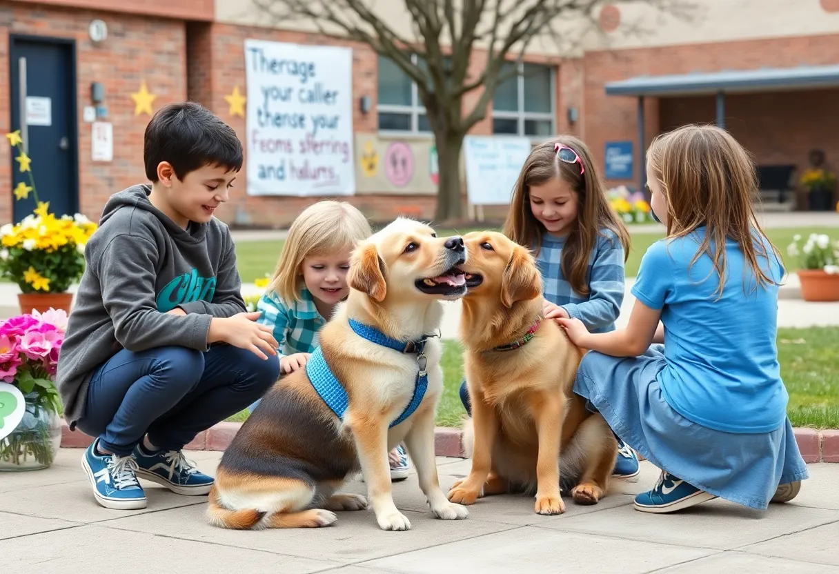 Students hugging therapy dogs in a school environment, with supportive decorations around.