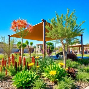 Vibrant Houston landscape with native plants and shade structures.