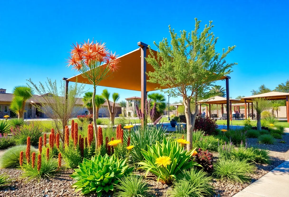 Vibrant Houston landscape with native plants and shade structures.
