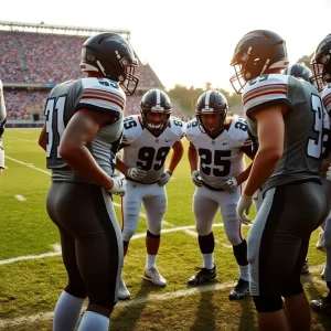 Houston Texans players strategizing during practice