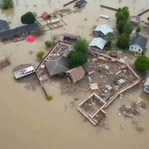 Aerial view showing the devastation caused by floods in Texas with rescue efforts ongoing.