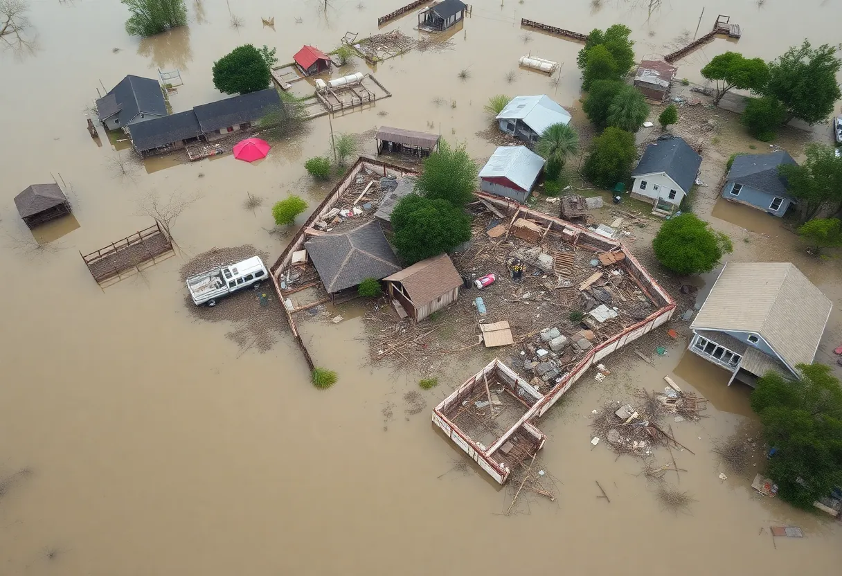 Aerial view showing the devastation caused by floods in Texas with rescue efforts ongoing.