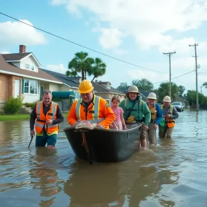 Emergency responders aiding families in a flooded area
