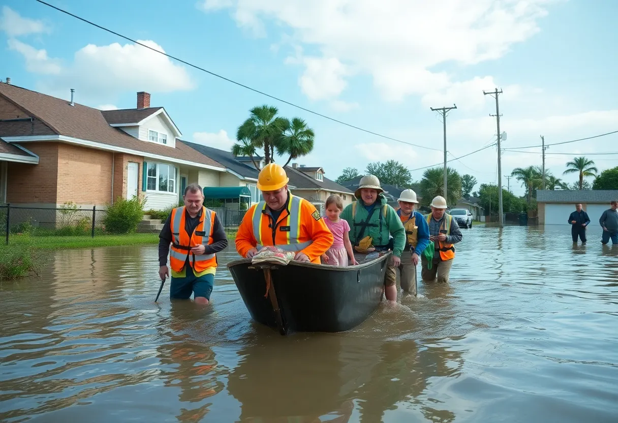 Emergency responders aiding families in a flooded area