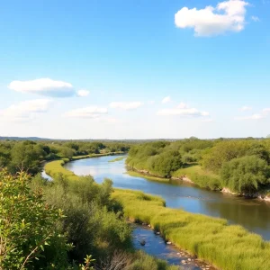 Scenic view of Texas Hill Country showing lush green landscape and a river.