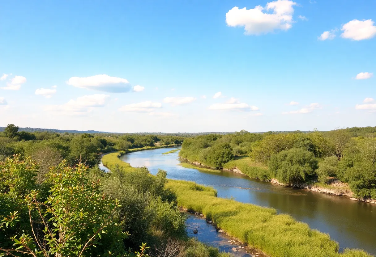 Scenic view of Texas Hill Country showing lush green landscape and a river.