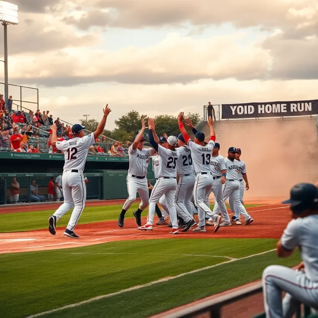 Texas Rangers team celebrating on the baseball field after a win.